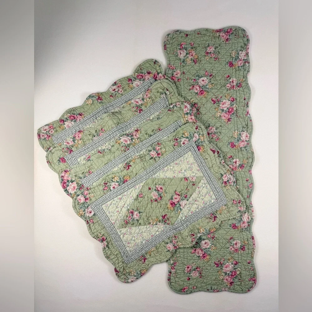 Floral Quilted Reversable Table Runner and Placemat Set in Sage Green